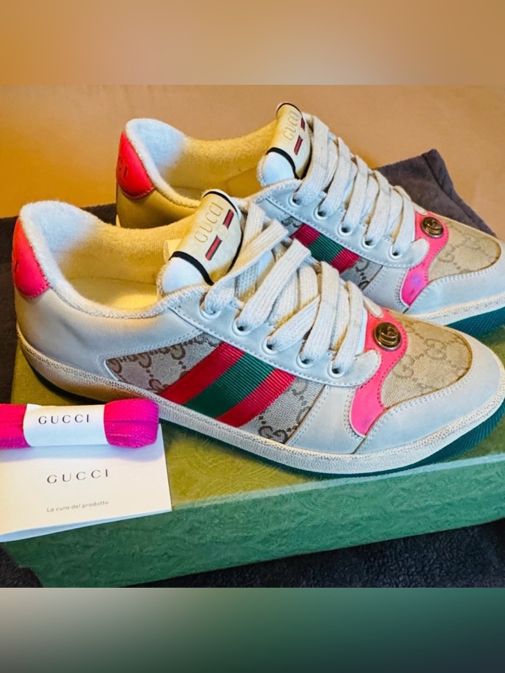 Gucci Beige GG Canvas Sneakers with Green-Red Stripe and Pink Accents